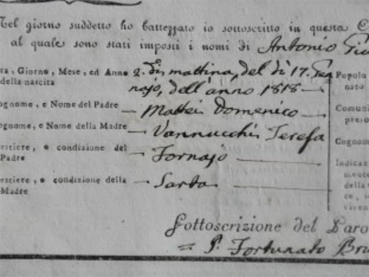 Certificato di battesimo Antonio Giuseppe Baldassar Mattei